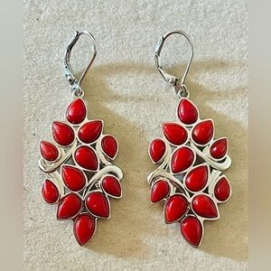 Southwest Sterling Silver Coral Cluster Pave Leaf Lever-Back Dangle Earrings